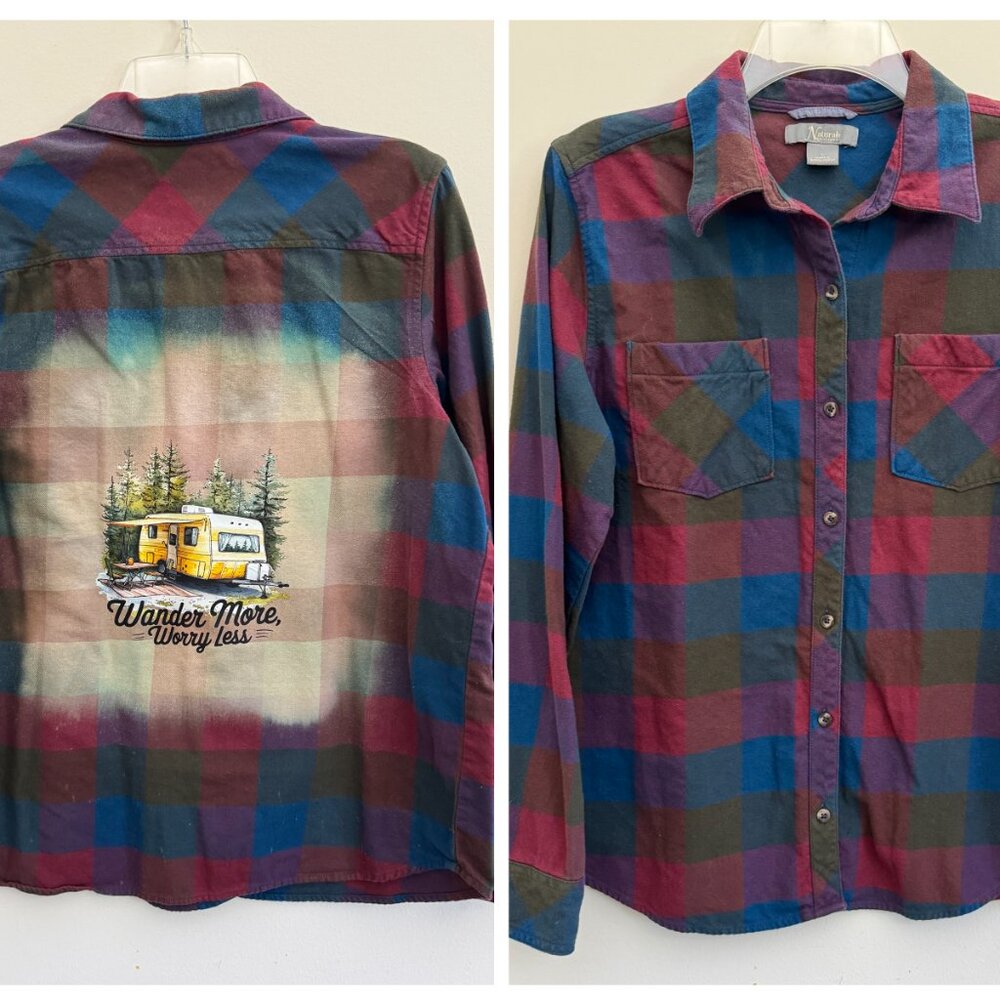 Upcycled Natural Reflections Flannel - Wander More Worry Less Transfer - Size Lg - Picture 3 of 3
